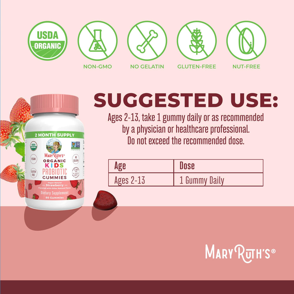 MaryRuth's Kids Probiotics Gummies packaging back shows organic and vegan certifications.