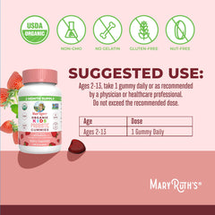 MaryRuth's Kids Probiotics Gummies packaging back shows organic and vegan certifications.