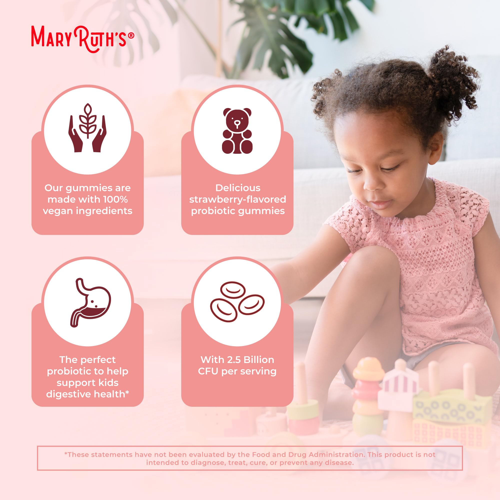 MaryRuth's Kids Probiotics Gummies vegan certification logo on the package.