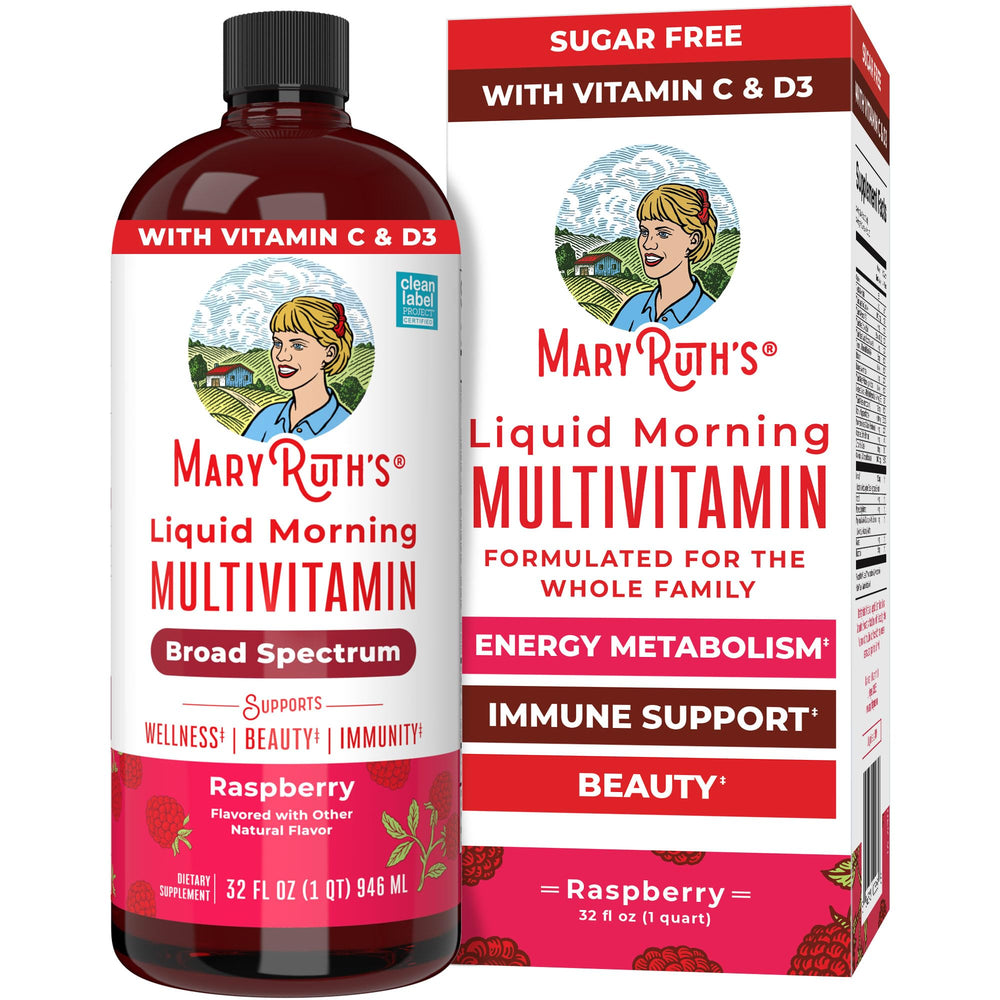 MARYRUTH'S Liquid Morning Multivitamin bottle on shelf for everyday wellness.