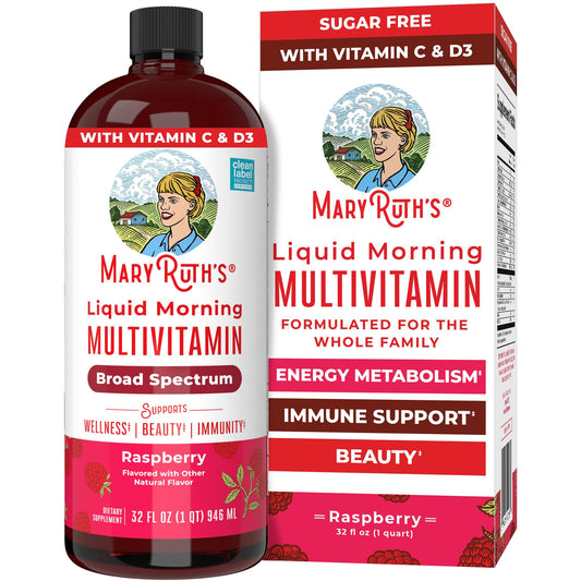 MARYRUTH'S Liquid Morning Multivitamin bottle on shelf for everyday wellness.