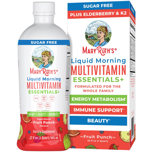MaryRuth's Liquid Morning Multivitamin Essentials Fruit Punch bottle for daily wellness.