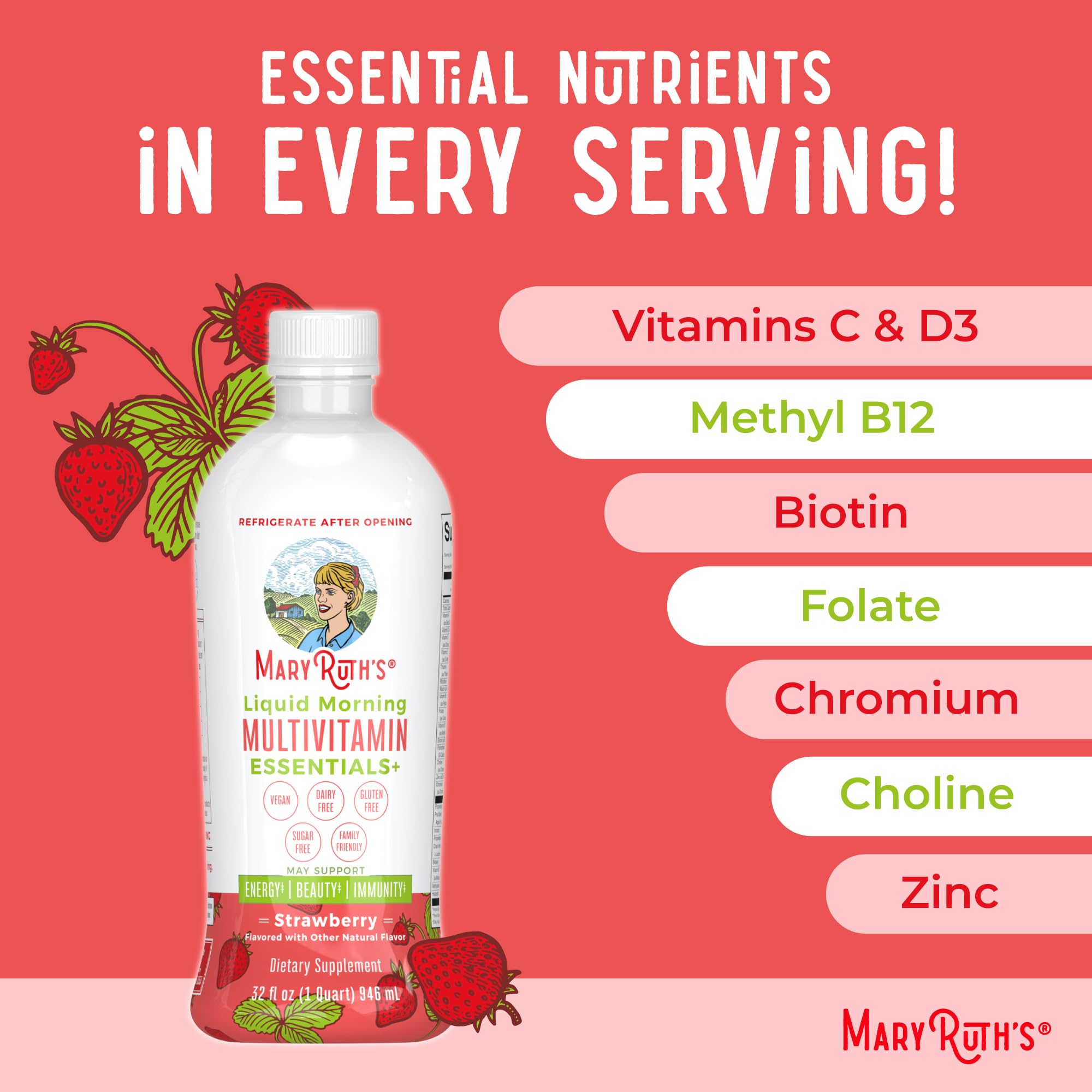 MaryRuth's Liquid Morning Multivitamin Essentials+ bottle on kitchen counter for daily use.