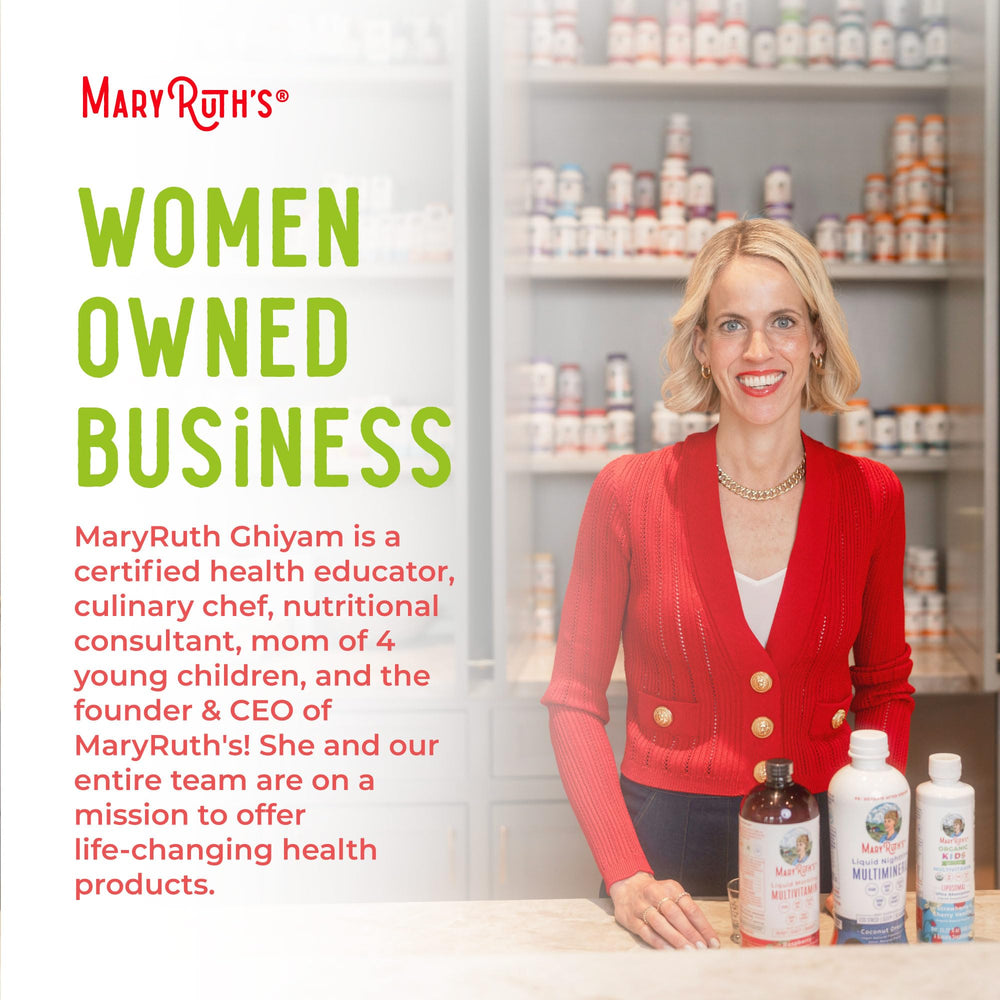 MaryRuth's Liquid Morning Multivitamin Essentials+ bottle beside a glass with a drink.