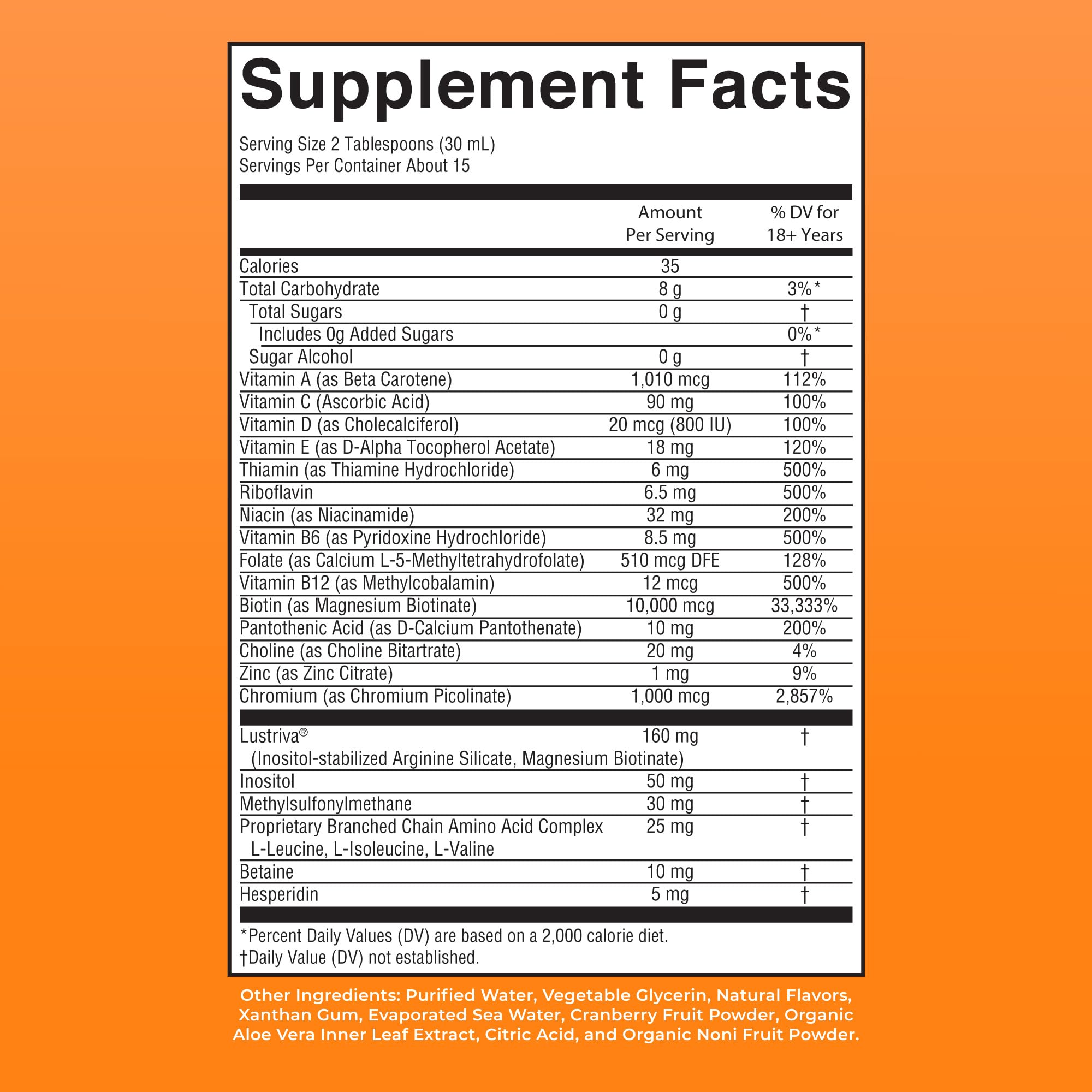 Ingredient panel highlighting vitamins and Lustriva inclusion.
