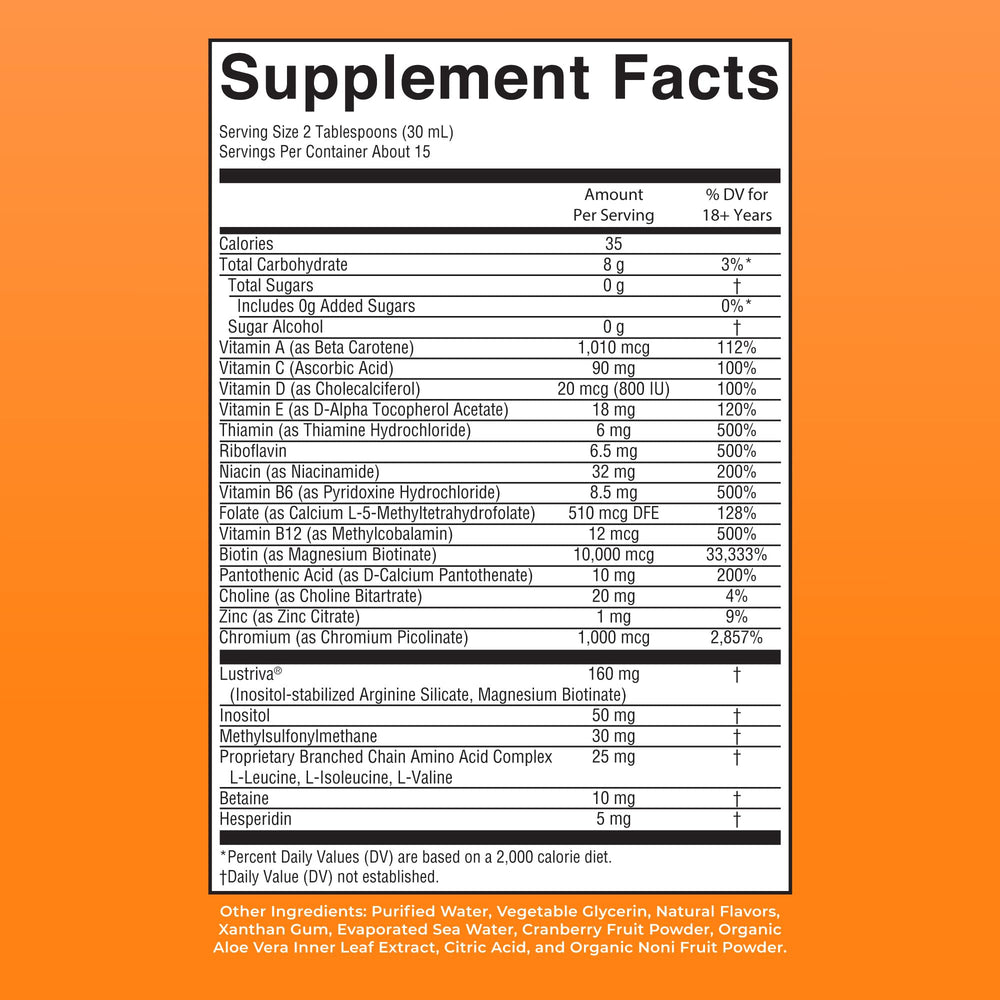 Ingredient panel highlighting vitamins and Lustriva inclusion.