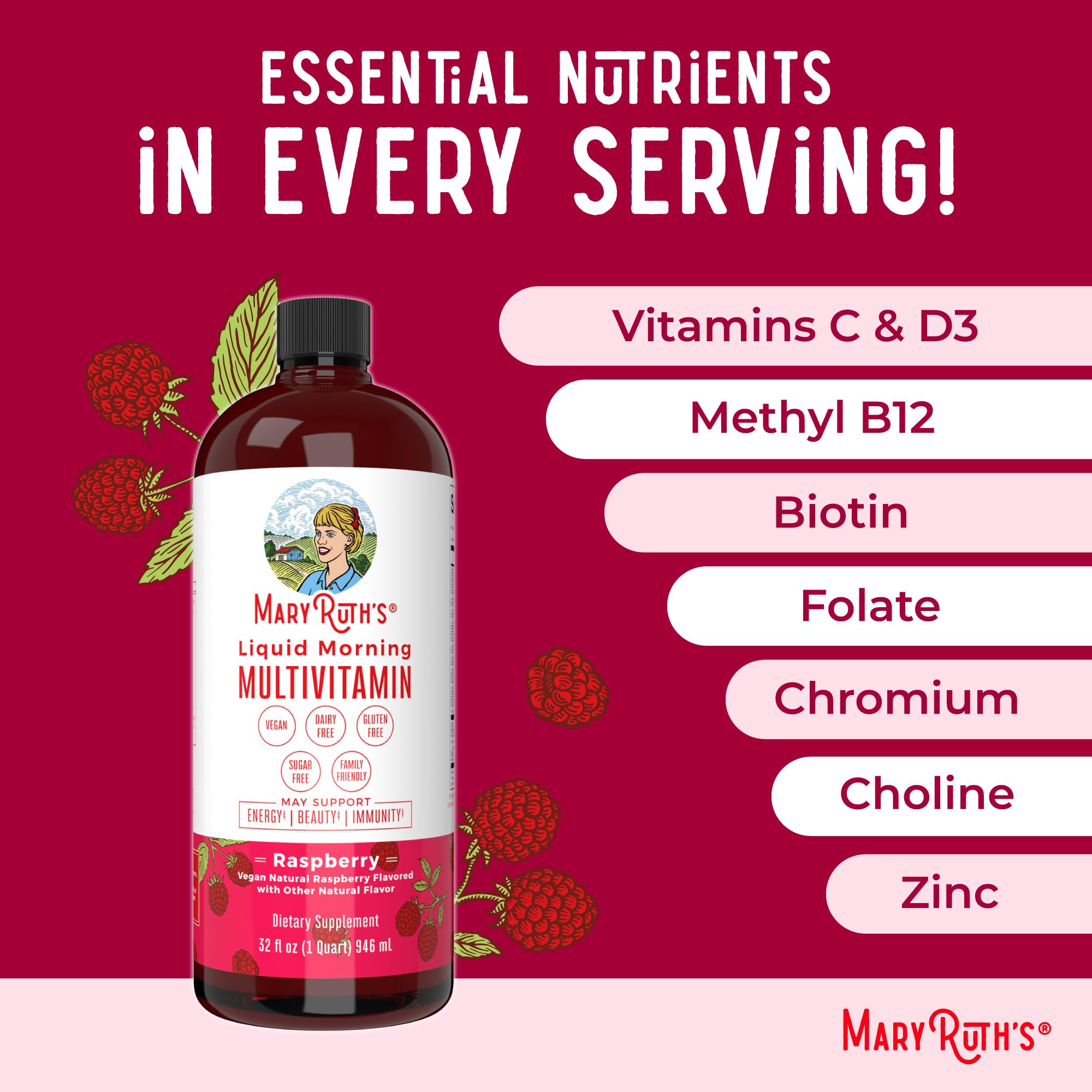 Close-up of ingredients on MARYRUTH'S Liquid Morning Multivitamin label.