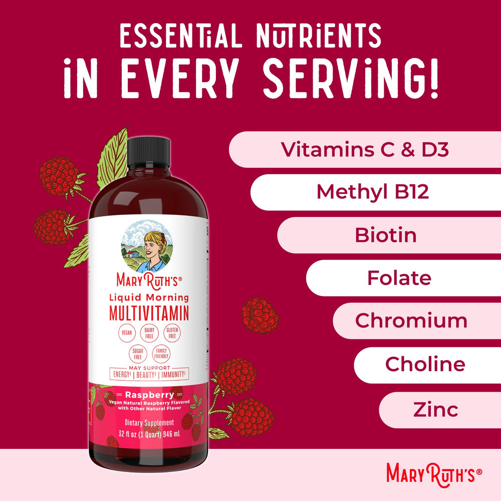 Close-up of ingredients on MARYRUTH'S Liquid Morning Multivitamin label.