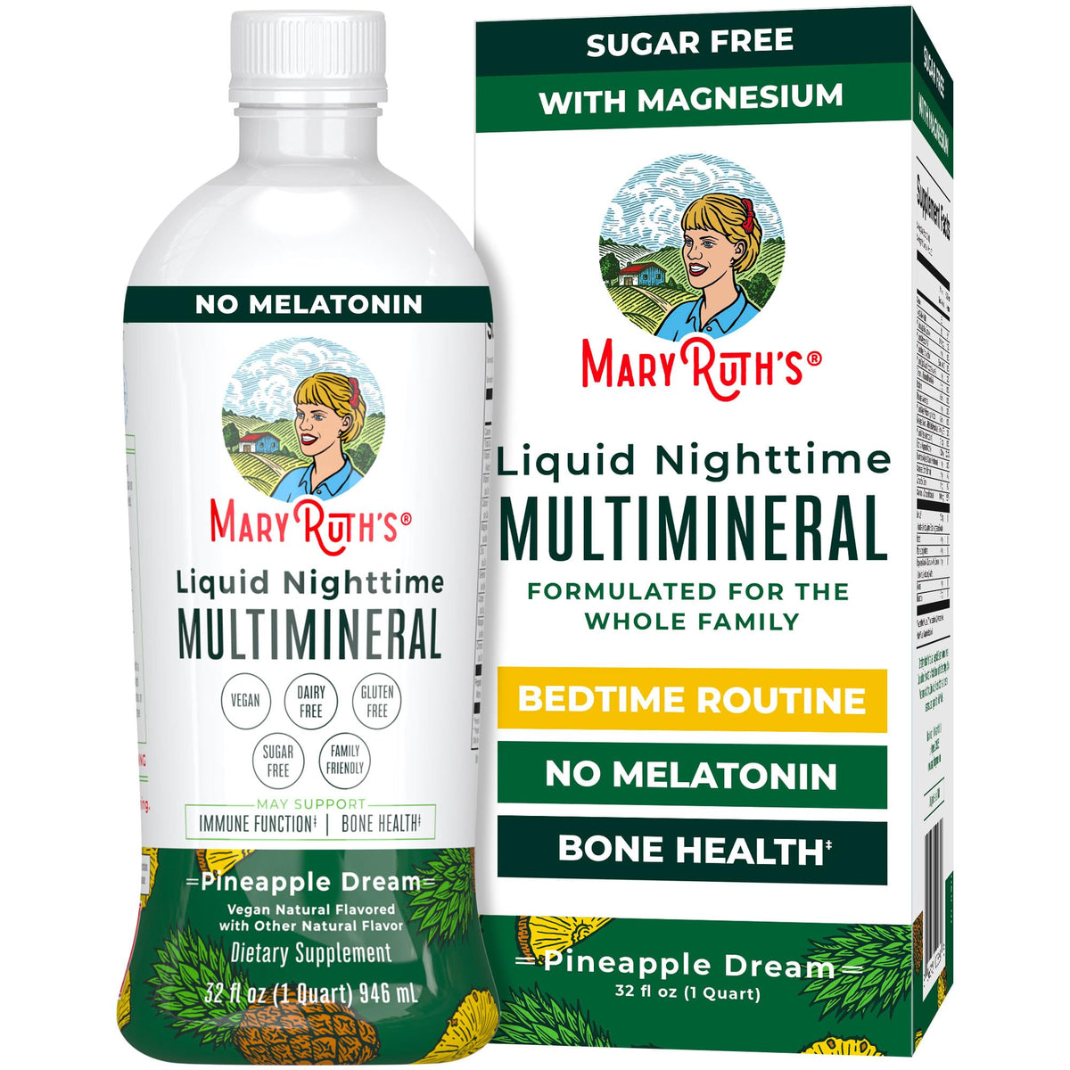 MaryRuth's Liquid Nighttime Multimineral bottle front; vegan, sugar-free formulation for a gentle bedtime routine.