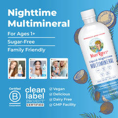 MaryRuth's label shows melatonin-free formula for a bedtime mineral supplement.