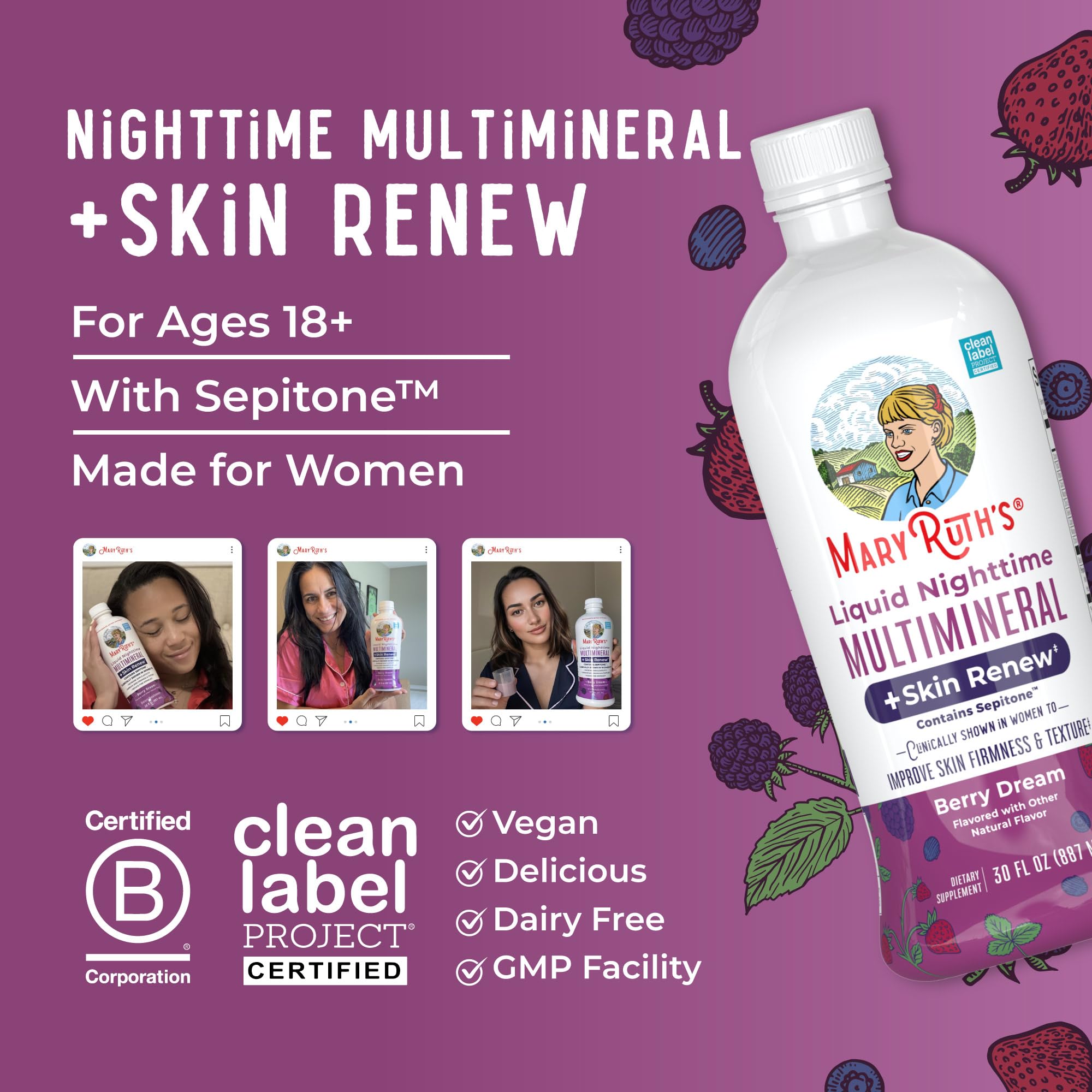 Bottle and glass illustrate a night-time routine alongside morning vitamins.