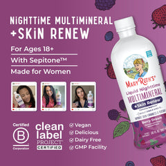 Bottle and glass illustrate a night-time routine alongside morning vitamins.