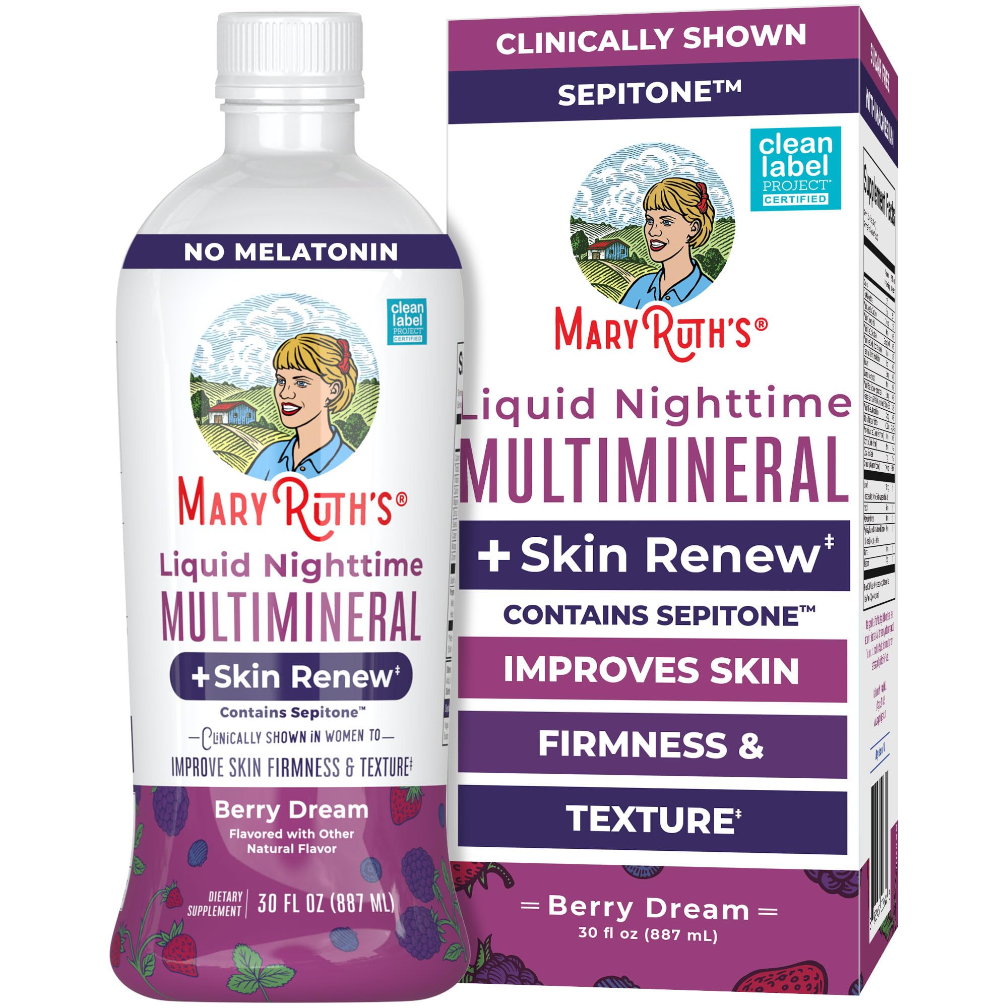 MaryRuth's Nighttime Multimineral bottle on a dresser suggesting skin renewal potential.
