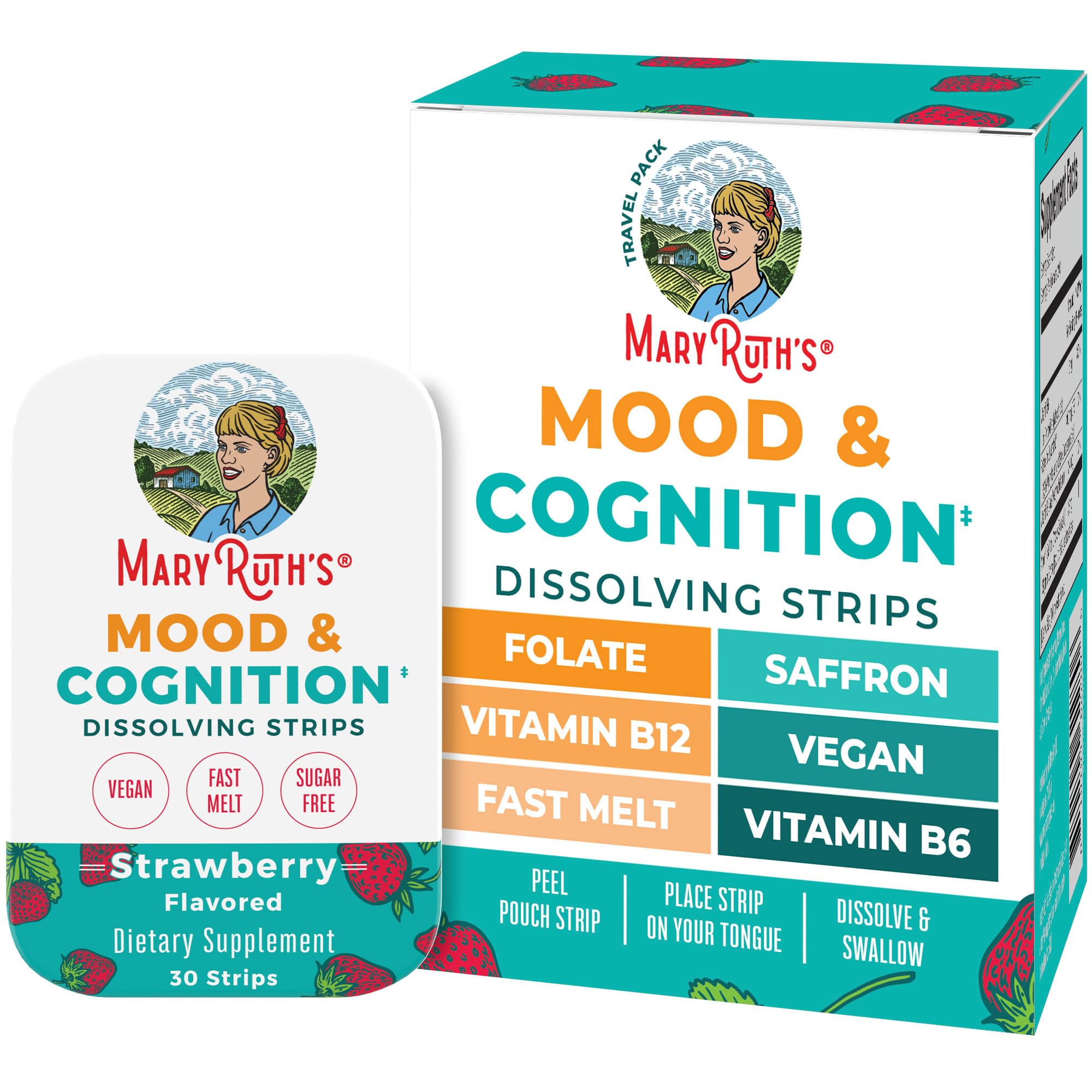 MaryRuth's Mood & Cognition dissolving strip pack on a clean surface, convenient on the go.