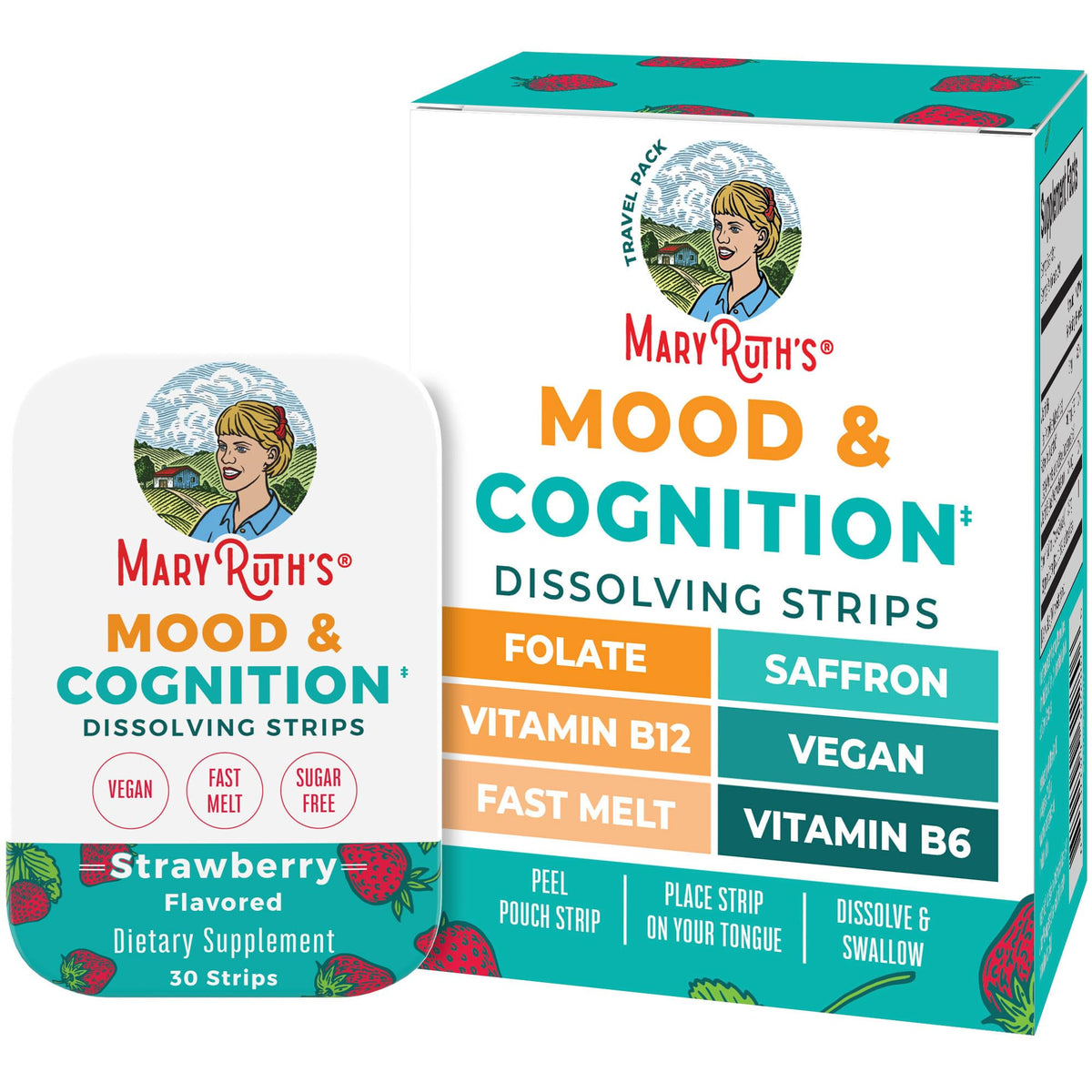 MaryRuth's Mood & Cognition dissolving strip pack on a clean surface, convenient on the go.
