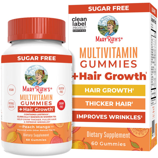 MARYRUTH'S multivitamin hair-growth gummies bottle supports daily wellness and hair fullness.