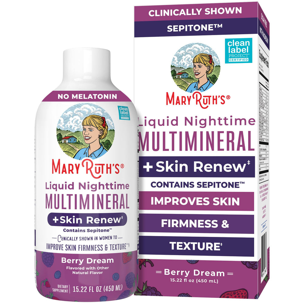 MaryRuth's Nighttime Multimineral bottle with Sepitone supports skin elasticity overnight