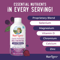 MaryRuth's Nighttime Multimineral scoop beside bottle indicates 1 serving daily for skin support