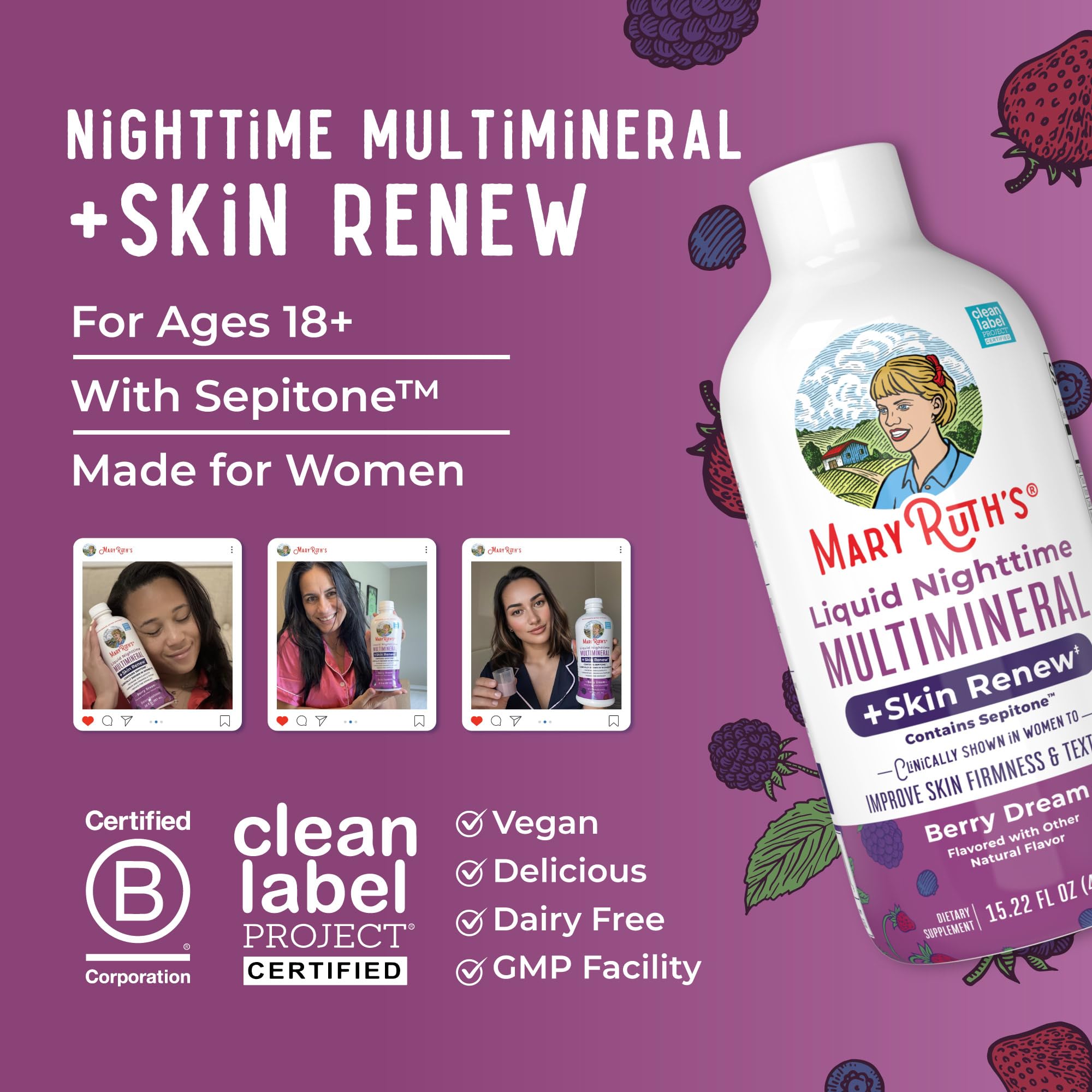 MaryRuth's Nighttime Multimineral packaging shows 15 servings and no melatonin