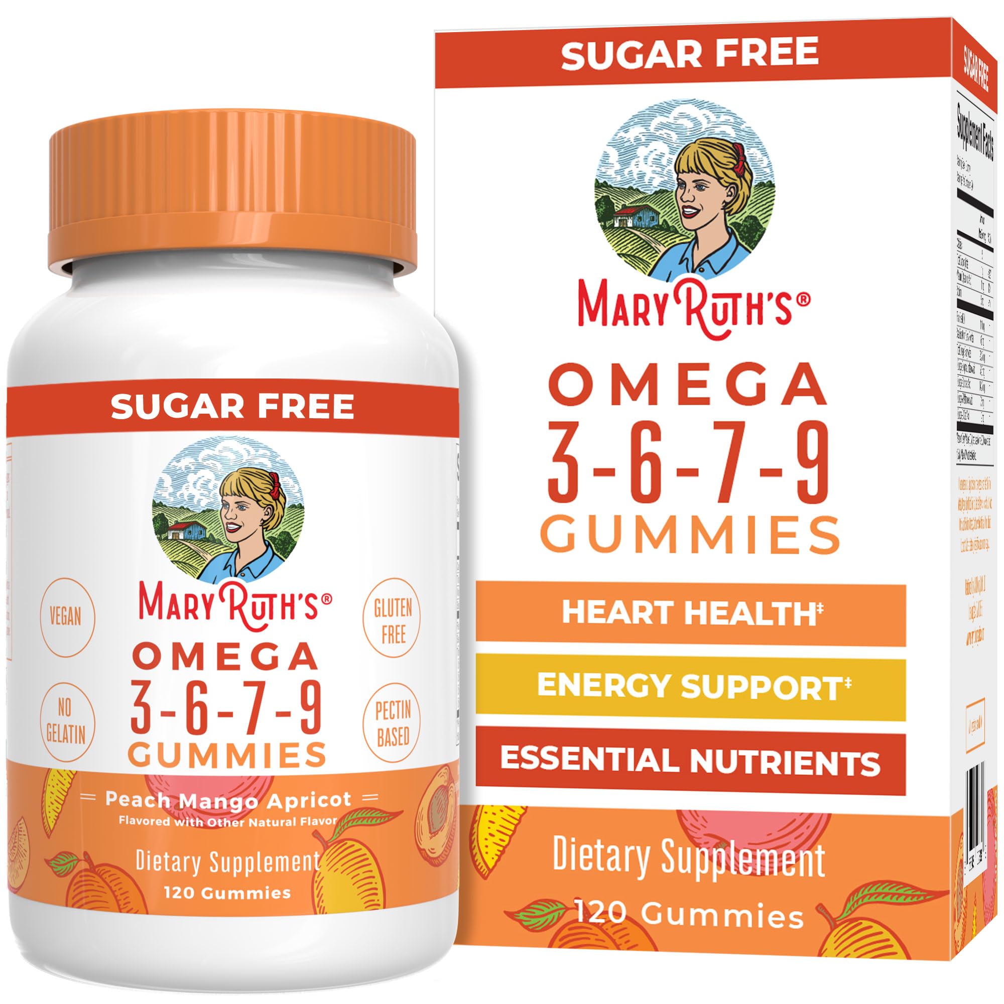 MaryRuth's Omega 3-6-7-9 gummies bottle with peach-mango-apricot flavor for daily use