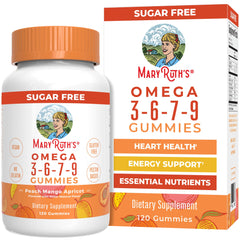 MaryRuth's Omega 3-6-7-9 gummies bottle with peach-mango-apricot flavor for daily use