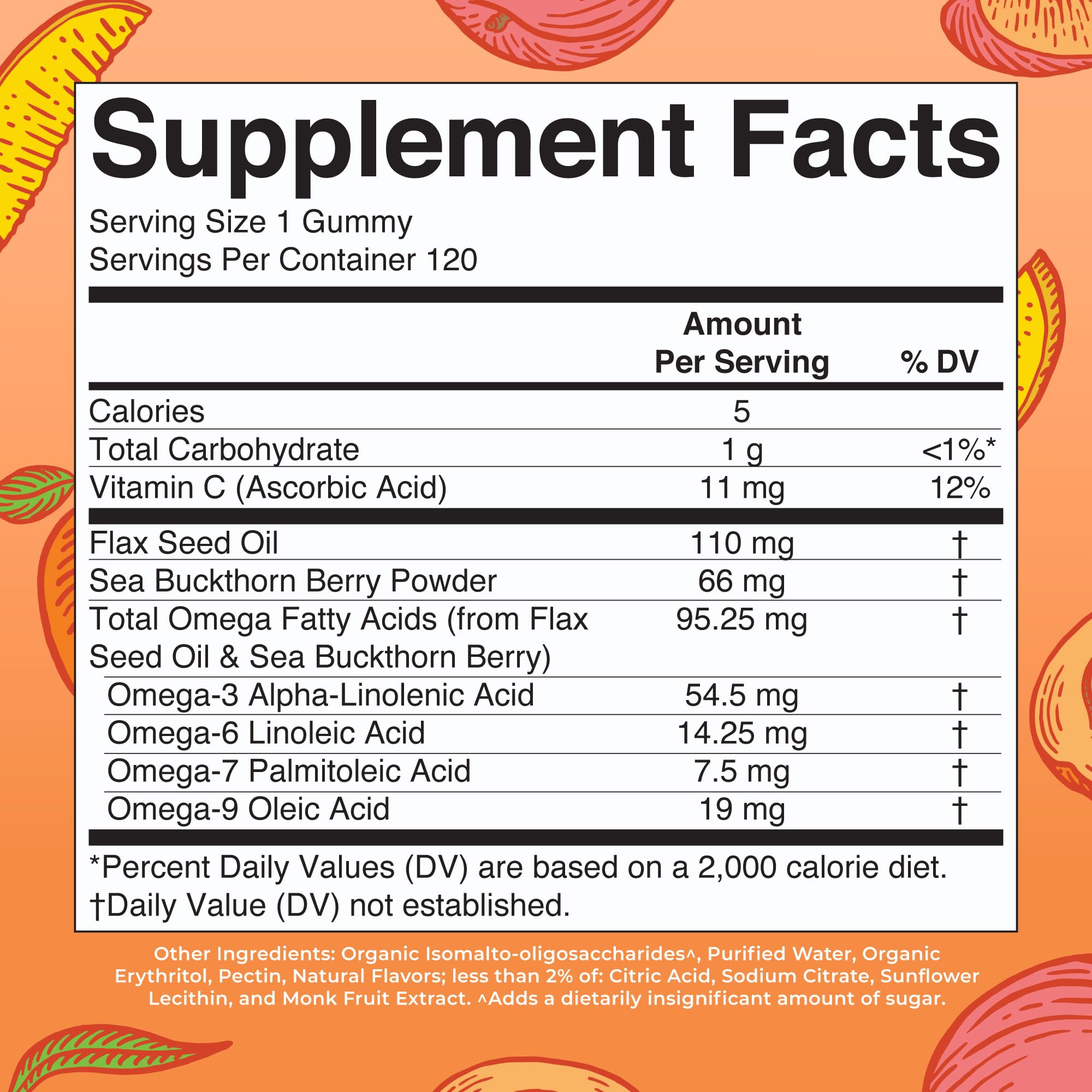 MaryRuth's Omega 3-6-7-9 gummies flavor close-up showing peach-mango-apricot taste
