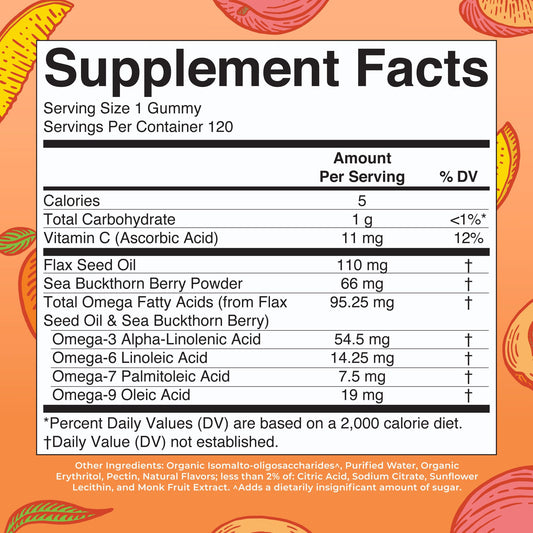 MaryRuth's Omega 3-6-7-9 gummies flavor close-up showing peach-mango-apricot taste