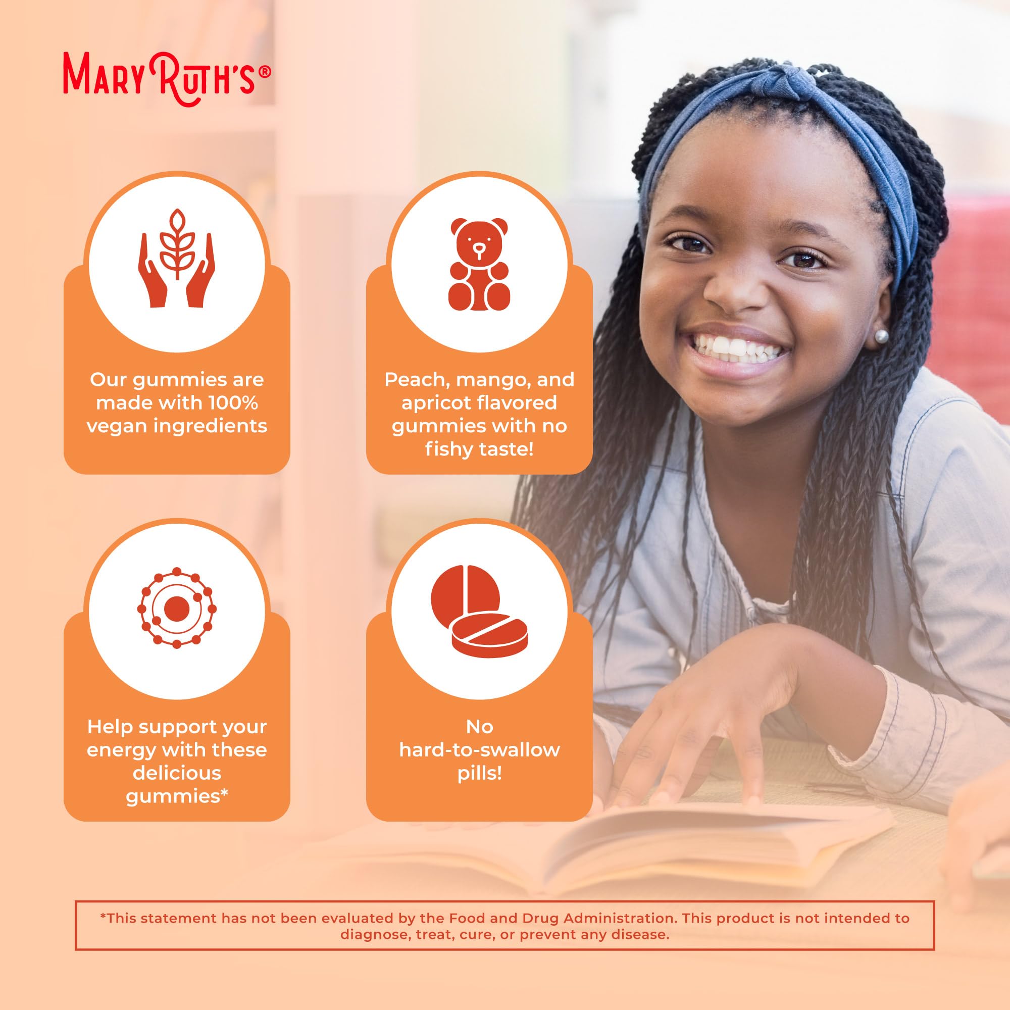 MaryRuth's Omega gummies emphasize no fish taste and sugar-free formula