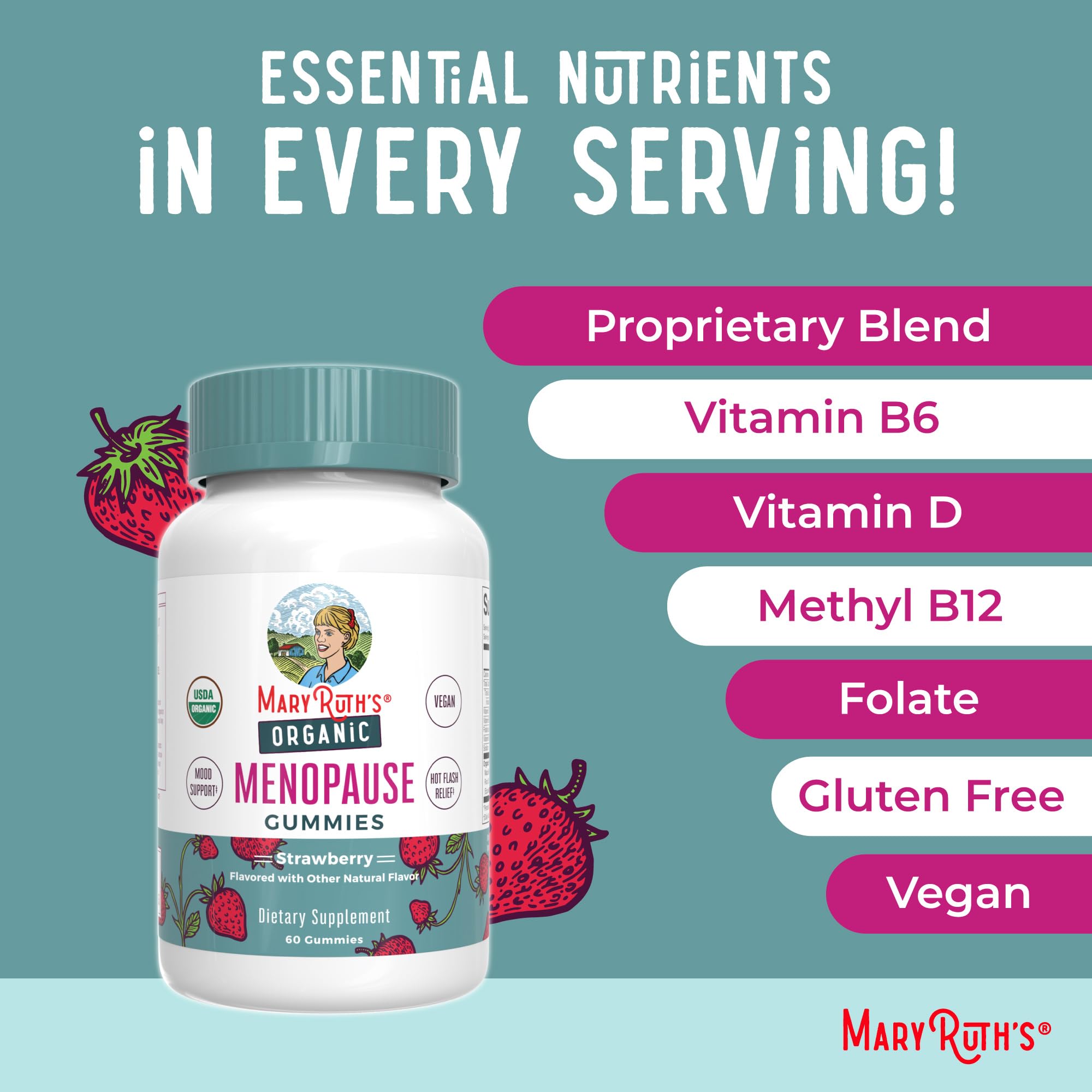 MaryRuth's Organic Menopause Gummies bottle with cap visible