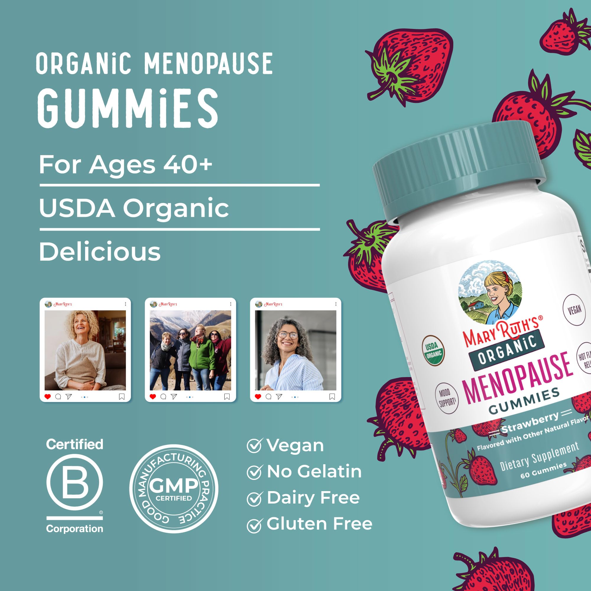 MaryRuth's Organic Menopause Gummies packaging design for eco-conscious shoppers