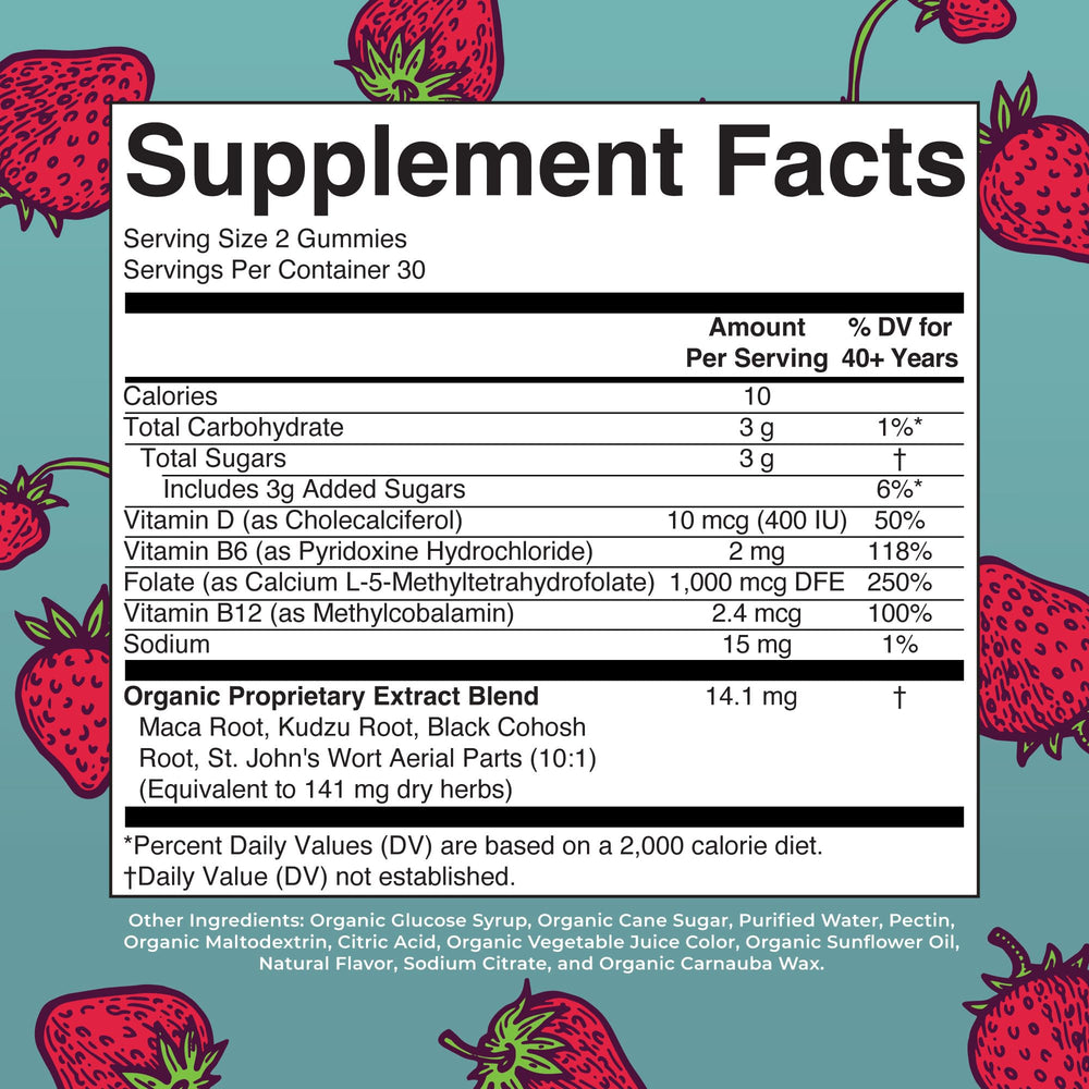 MaryRuth's Organic Menopause Gummies strawberry flavor bottle close-up for daily mood support