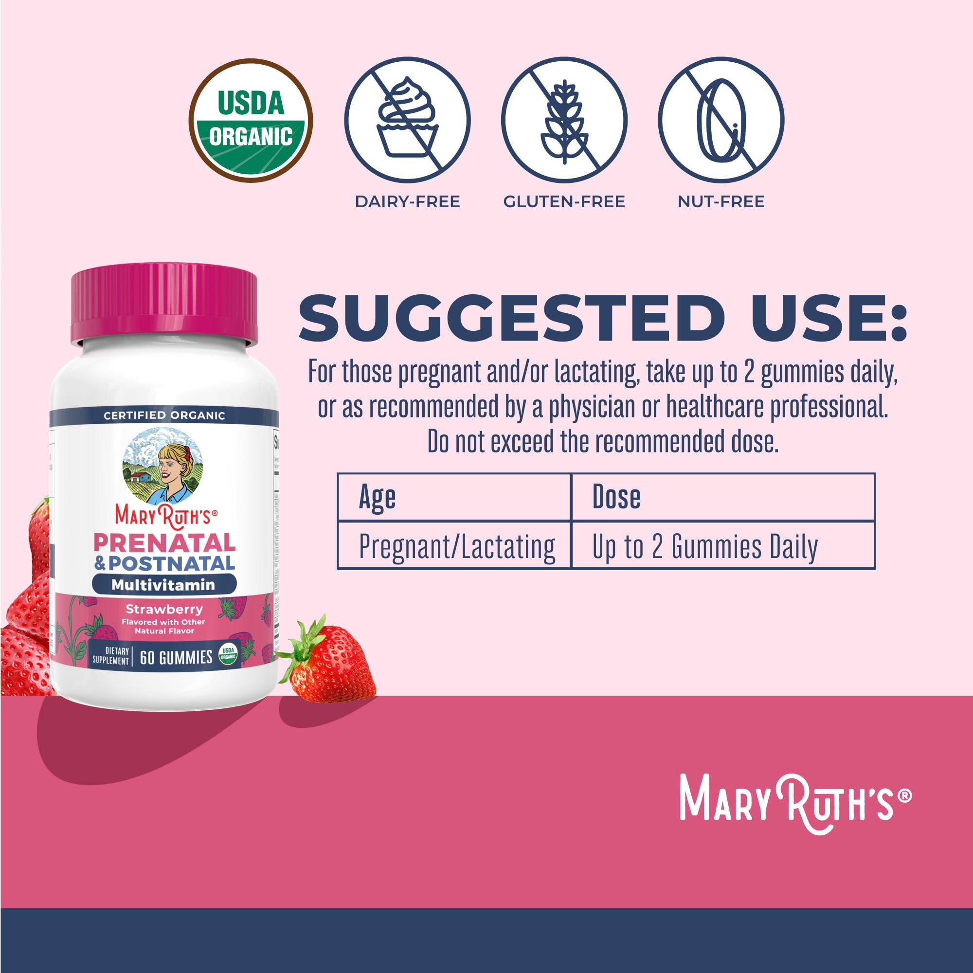 MaryRuth's Prenatal Gummies two gummies per day for daily routine.
