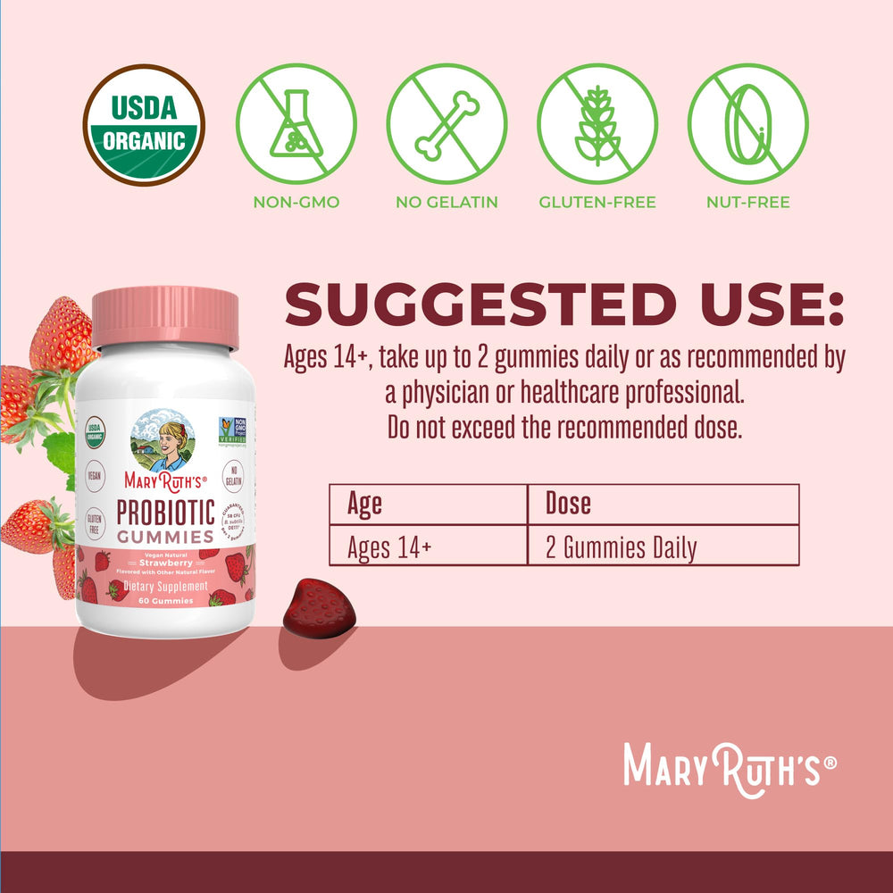 MARYRUTH'S Organic Probiotic Gummies bottle with glass suggests simple daily use.