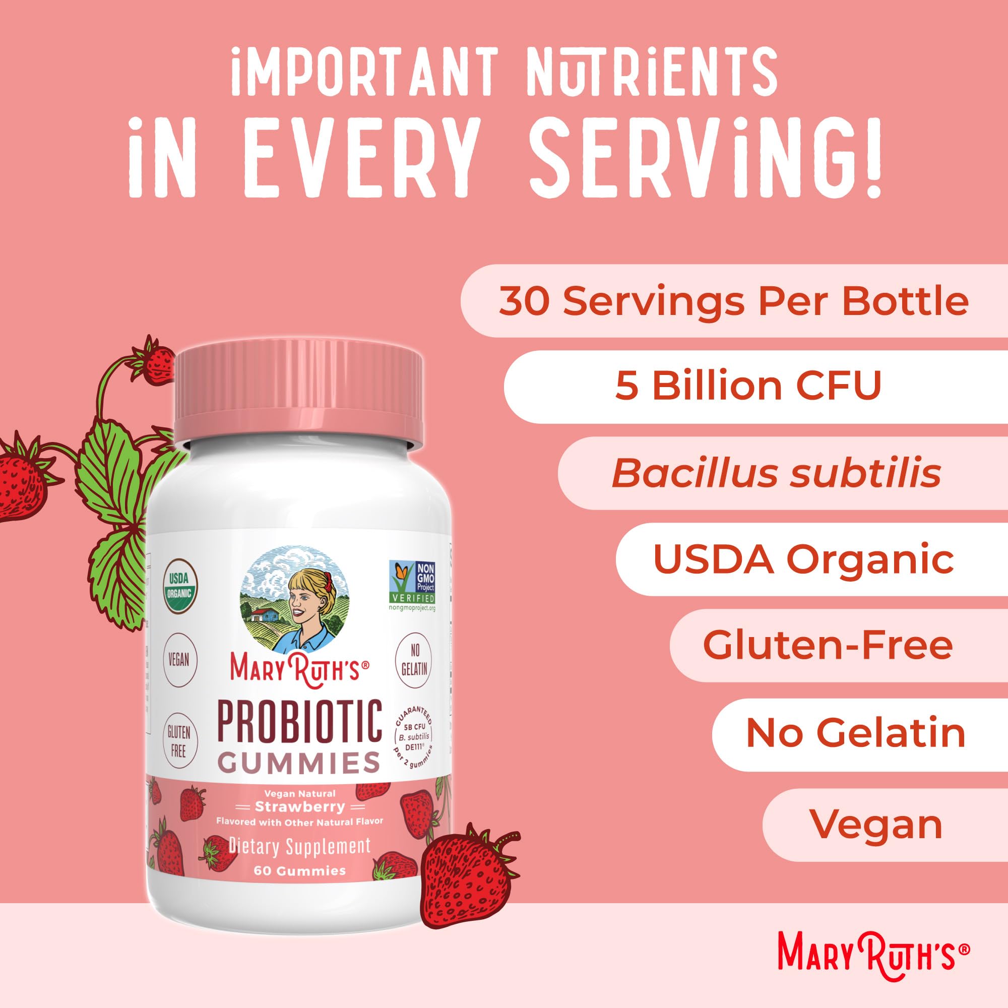 MARYRUTH'S Organic Probiotic Gummies daily dosage guide emphasizes 2 gummies per serving.