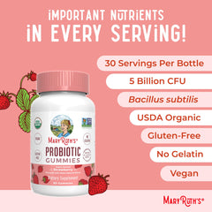 MARYRUTH'S Organic Probiotic Gummies daily dosage guide emphasizes 2 gummies per serving.