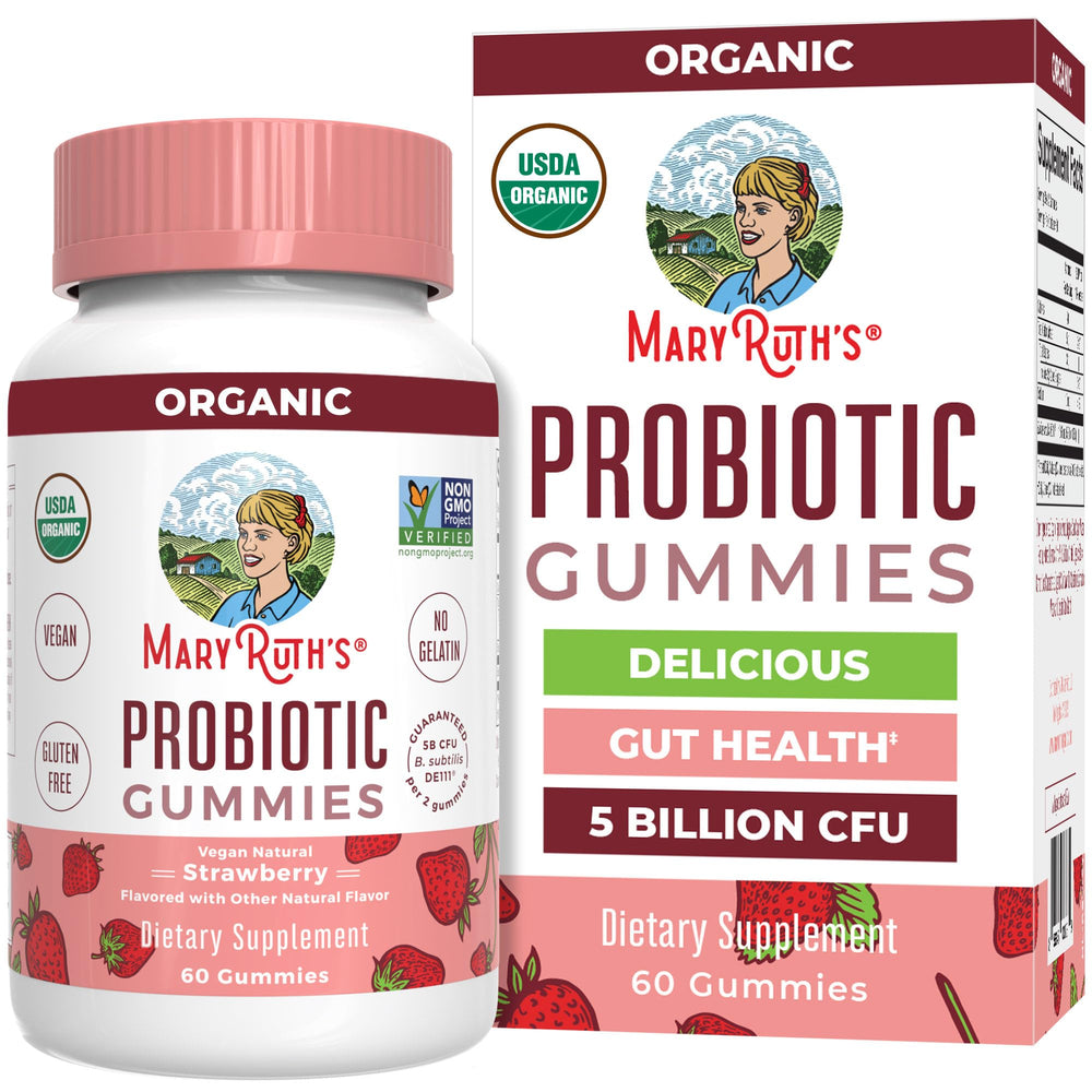 MARYRUTH'S Organic Probiotic Gummies strawberry bottle promotes convenient daily gut support.