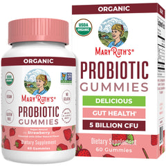 MARYRUTH'S Organic Probiotic Gummies strawberry bottle promotes convenient daily gut support.