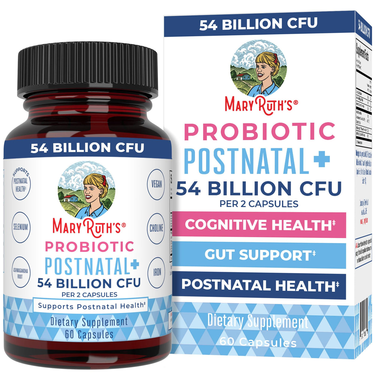 MaryRuth's Postnatal Probiotics bottle showing postpartum support on the label.