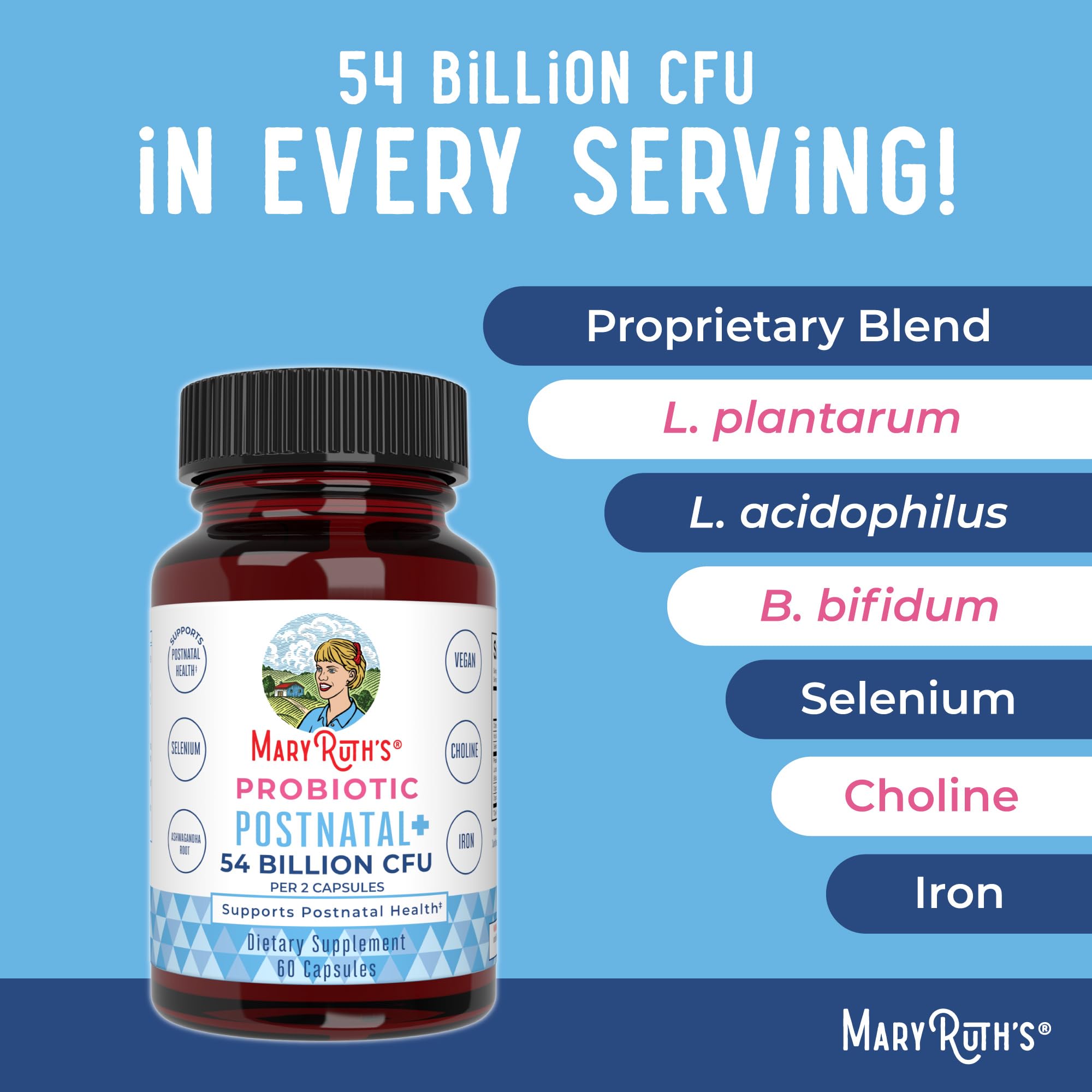 MaryRuth's Postnatal Probiotics choline capsule close-up for brain support.