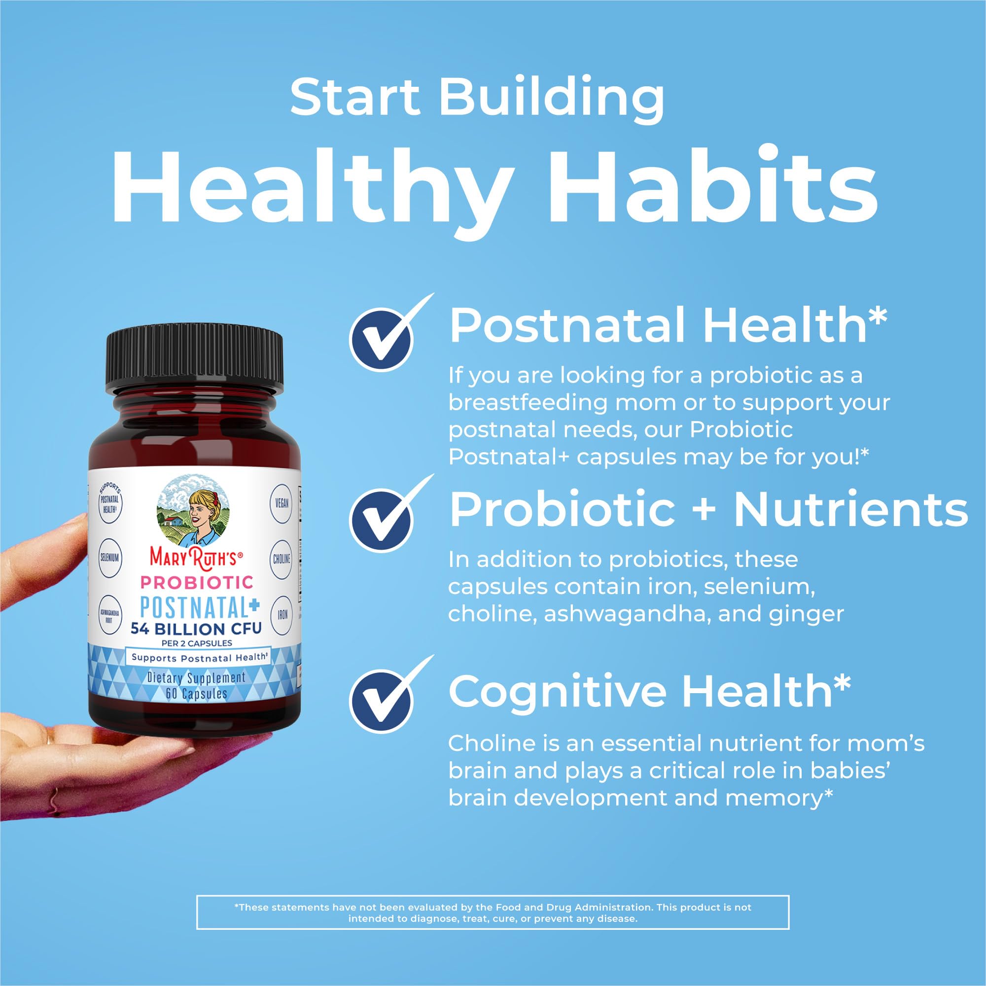 MaryRuth's Postnatal Probiotics ferrochel iron feature on packaging.