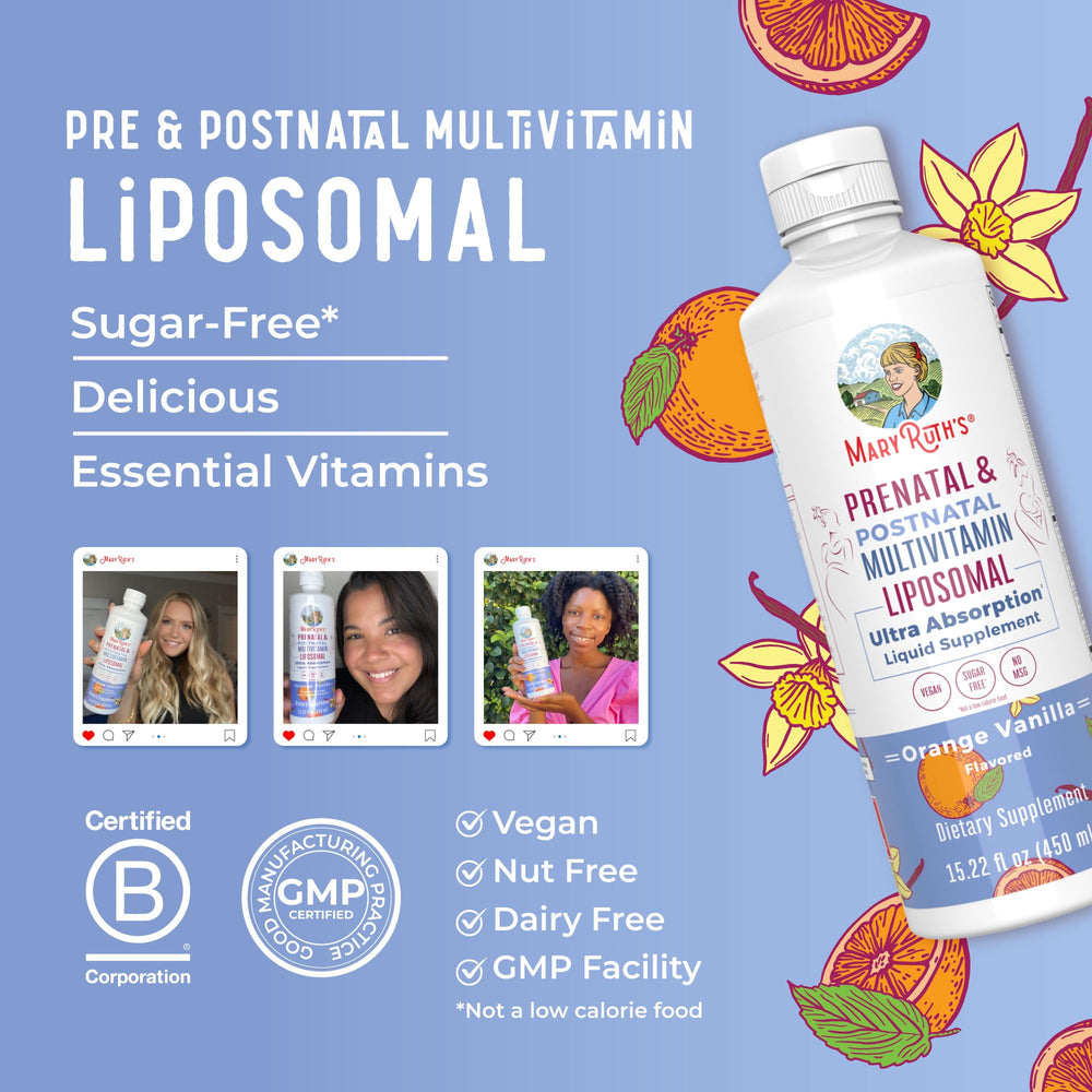 MaryRuth's liposomal bottle graphic emphasizes vegan and gluten-free attributes