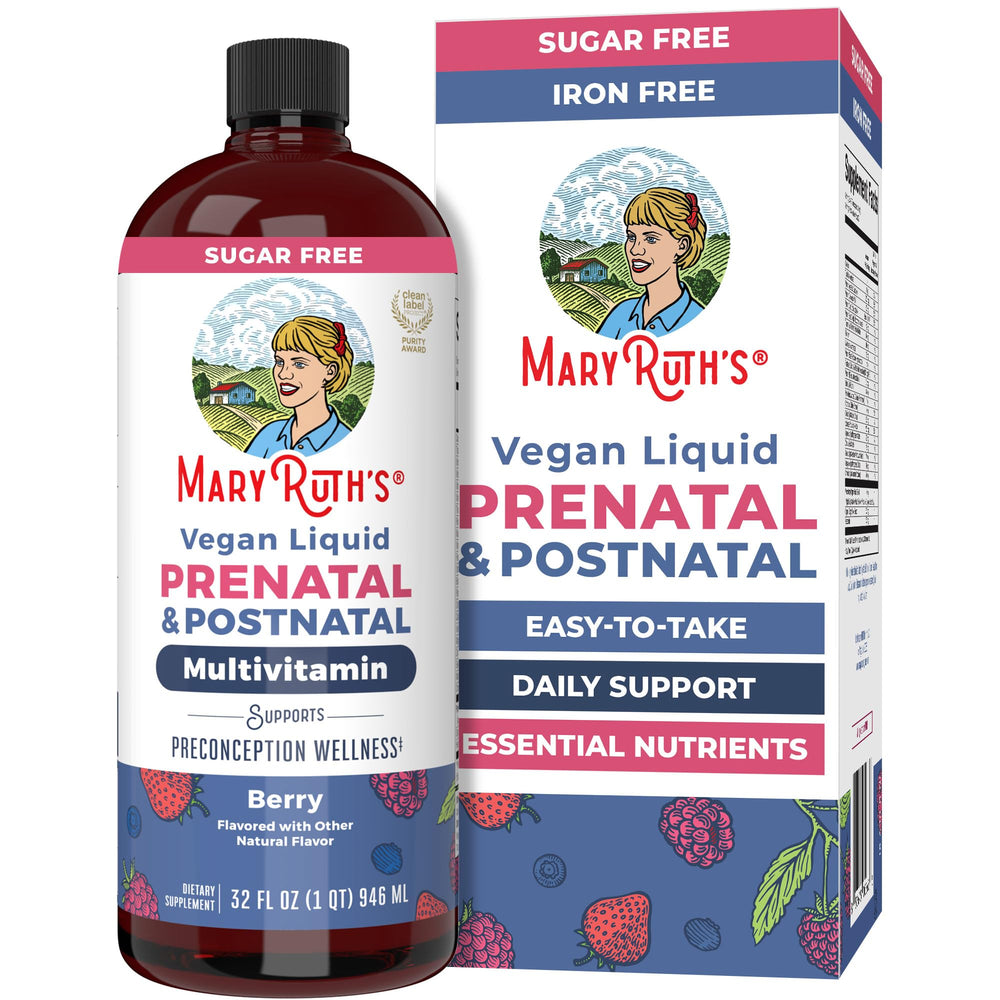 MARYRUTH'S prenatal-postnatal liquid bottle label for easy daily vitamins