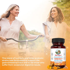 MaryRuth's Probiotic Turmeric capsules close-up emphasizes a two-capsule daily serving