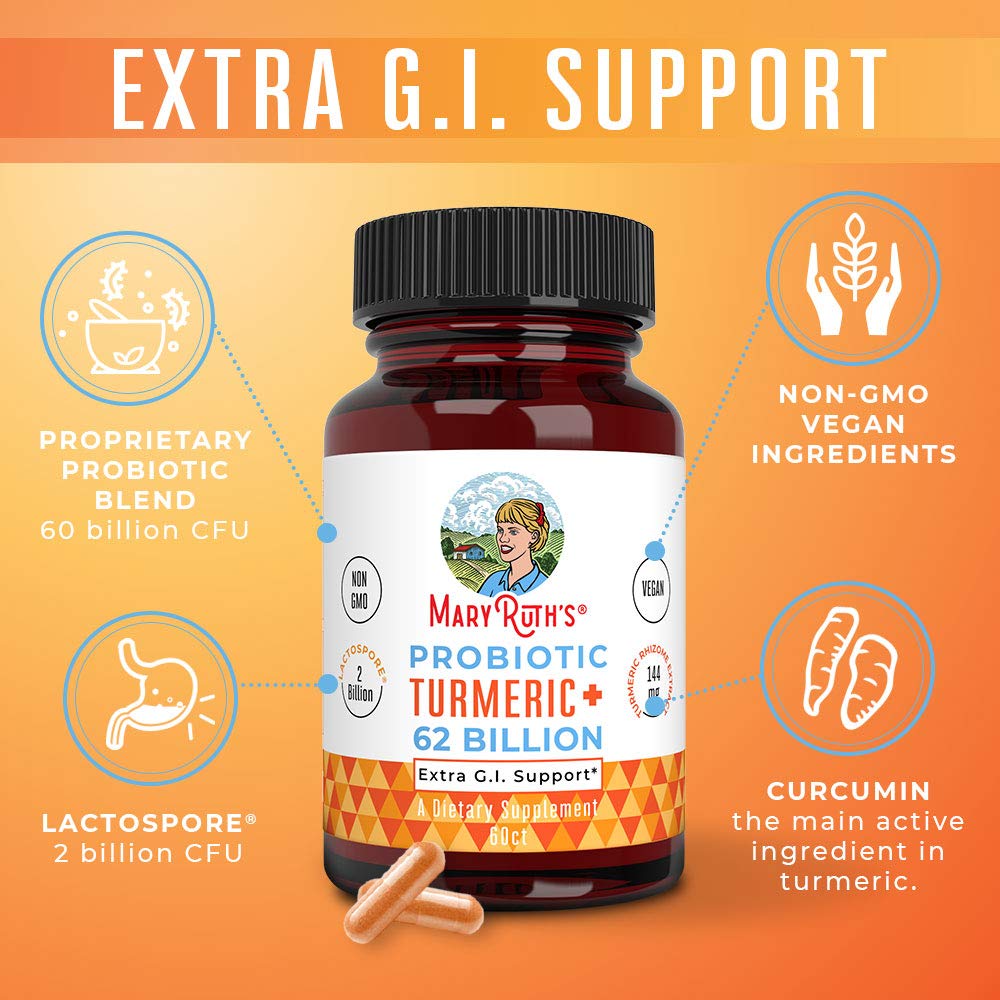 MaryRuth's Probiotic Turmeric bottle and pill display focusing on 60-count supply