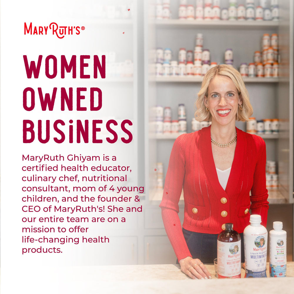 MaryRuth's Raspberry bottle sits on a kitchen counter, easy to add to drinks.
