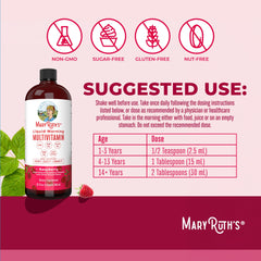MARYRUTH'S Raspberry-flavored liquid multivitamin poured into a glass for daily use.