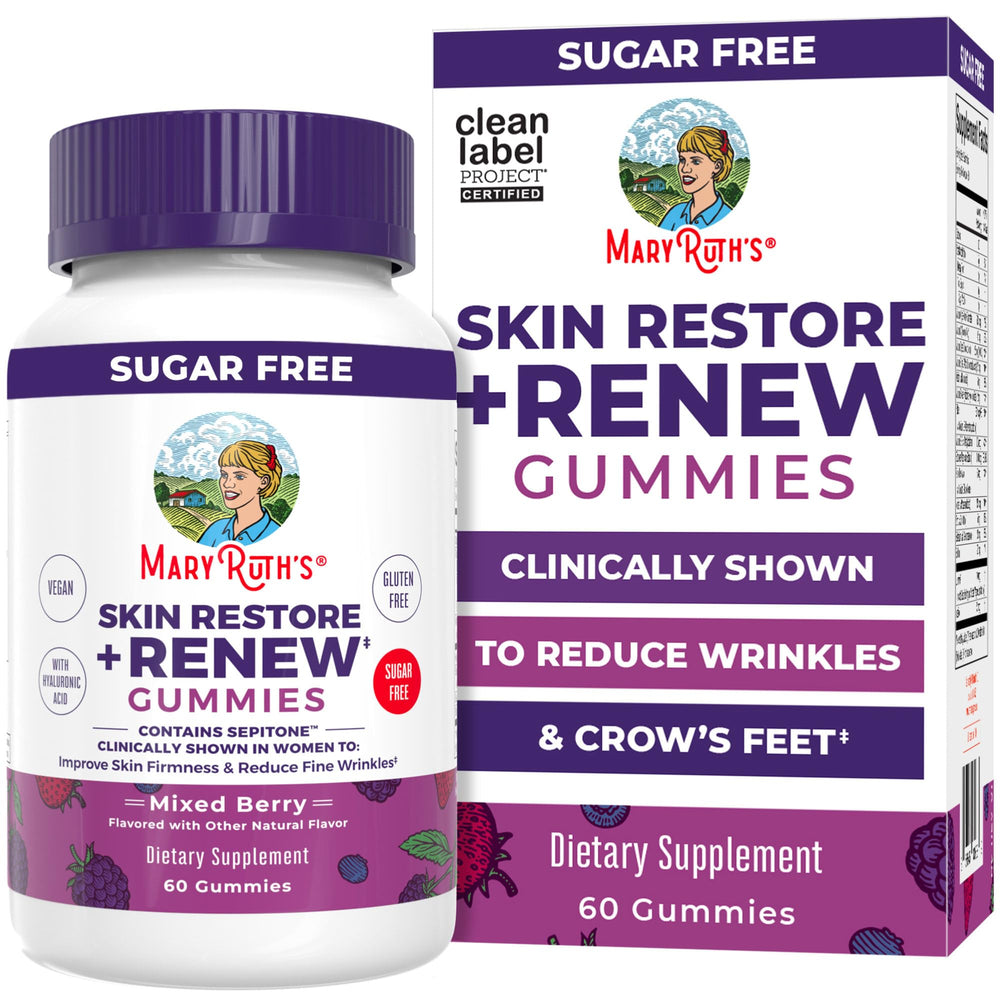 MaryRuth's Skin Restore + Renew gummies bottle front for hydration support.