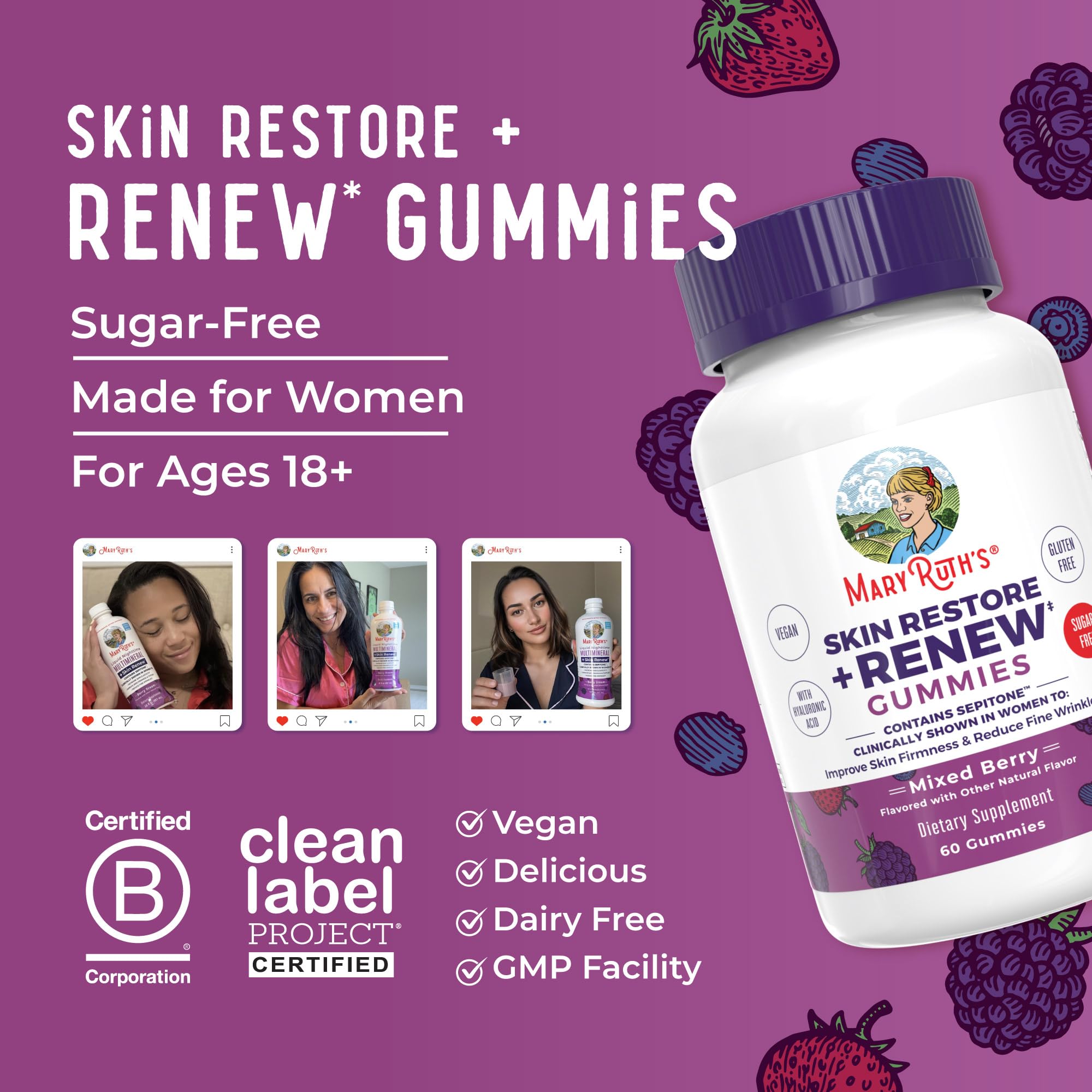 MaryRuth's Skin Restore + Renew dairy-free gluten-free label aids sensitive diets.