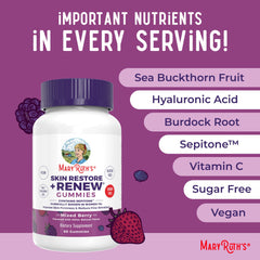 MaryRuth's Skin Restore + Renew vegan non-GMO badge supports clean daily nutrition.