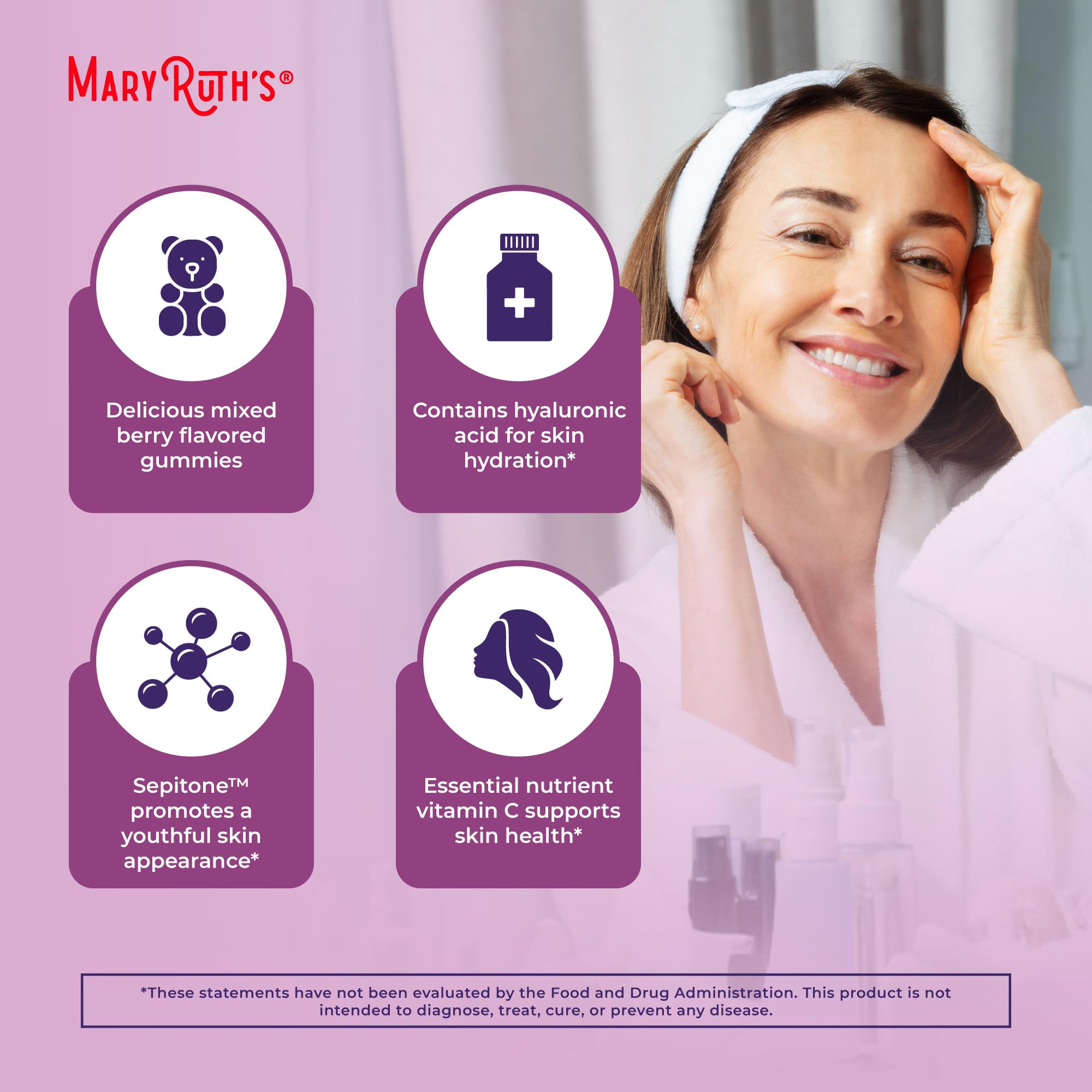 MaryRuth's Skin Restore + Renew vitamin C proximity emphasizes skin health benefits.
